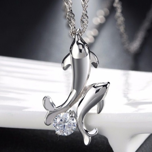 Beautiful Dolphin Sterling Silver CZ Necklace - Picture 2 of 2